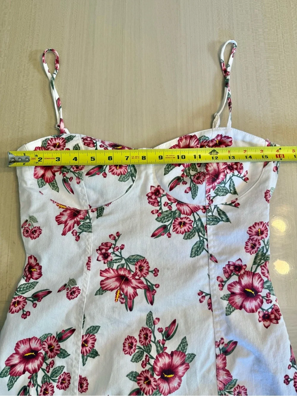 🌺 White Denim Bustier Hibiscus Floral Dress H&M Pink Flowers Large Sweetheart